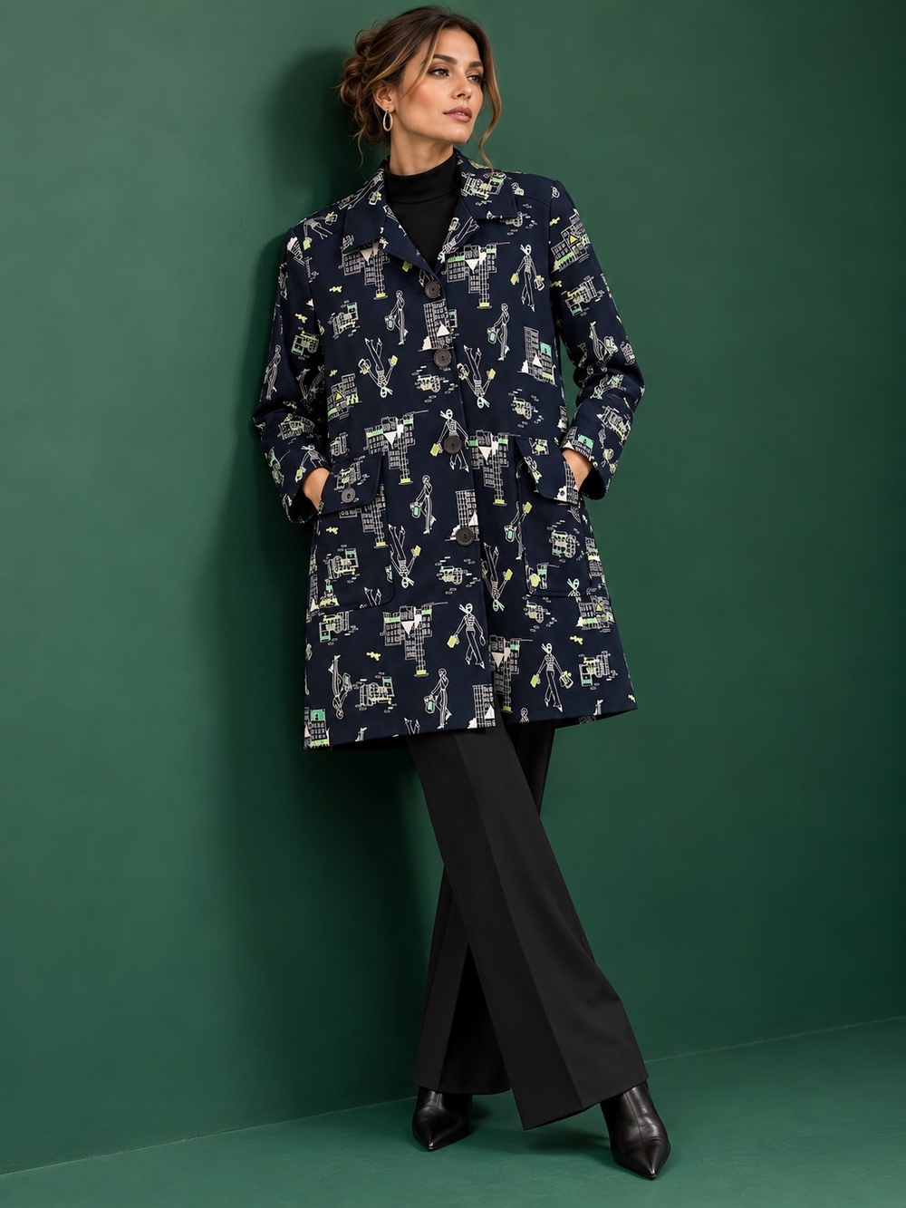J. Michaels Statement Printed Coat Navy Art Print Chic 14 Office Tailored
